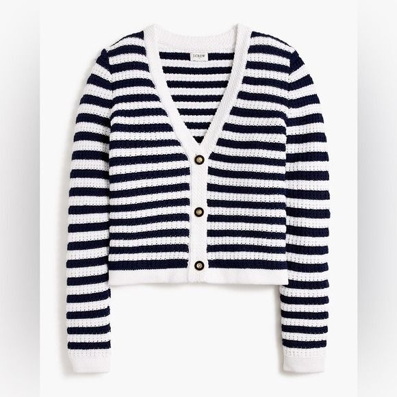 J.CREW Striped knit V-neck cardigan sweater Cotton Blue White Large coastal - Picture 10 of 10